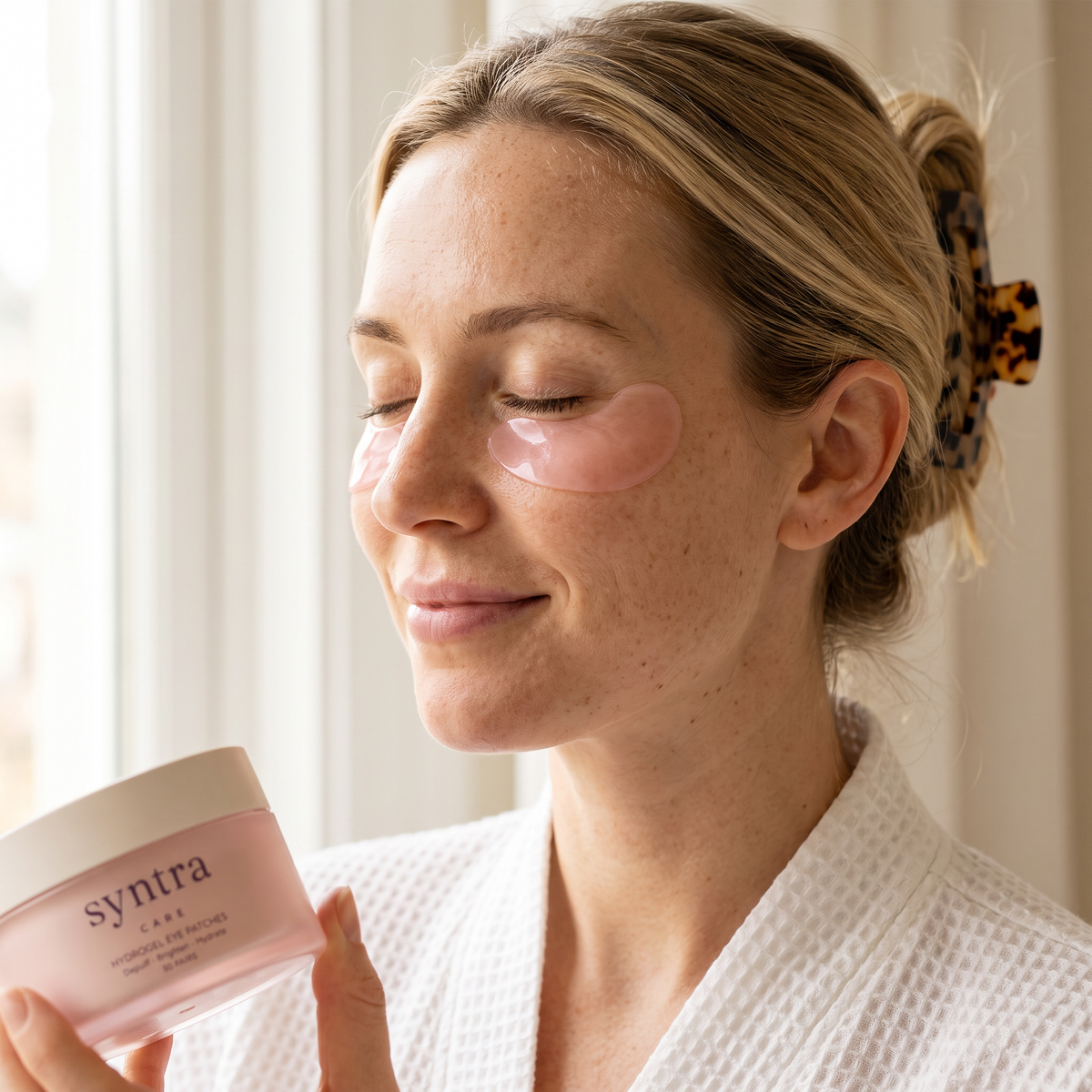 Woman relaxing with eye patches