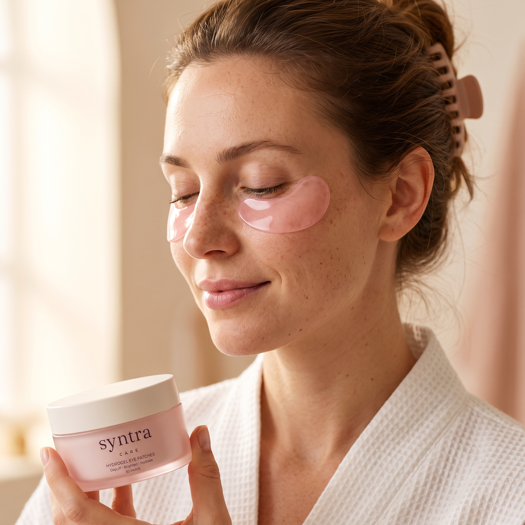 Woman wearing Syntra Care hydrogel eye patches